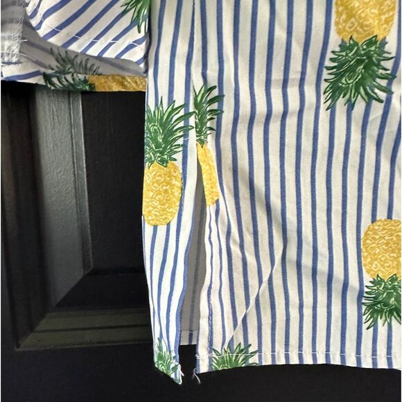 Tacera blue and white striped bell sleeve top with yellow and green pineapples - Picture 5 of 7